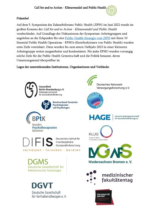 Screenshot „Call for and to Action: Klimawandel und Public Health" 