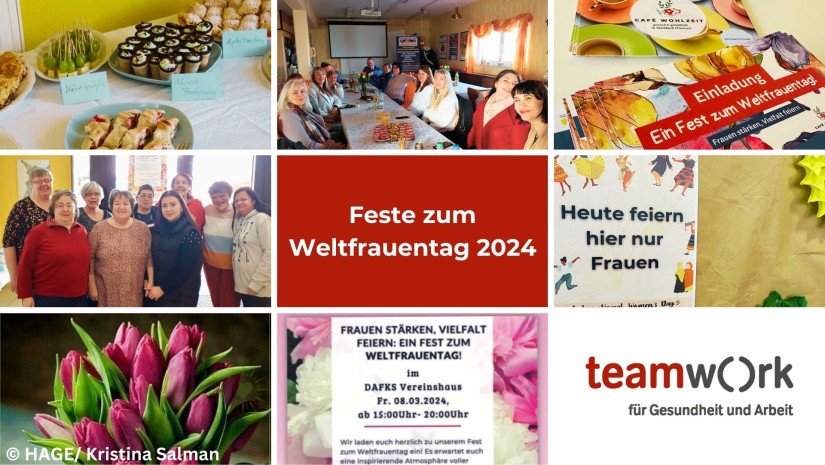 Eine Collage mit 6 Bildern: Ein Tisch mit Snacks, ein Bild von lächelnden Frauen, Tulpen, Frauen und Männer an einem Tisch, die Einladungskarte zum Fest in Steinbach, Das Plakat aus Fulda zum